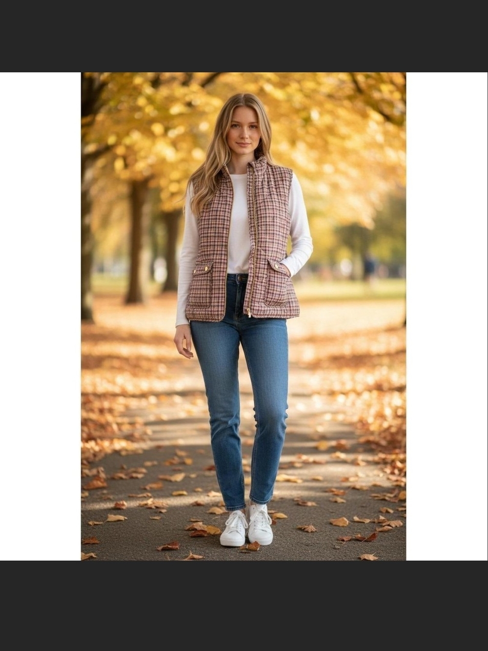 St. John’s Bay Women’s Medium Quilted Plaid Vest Burgundy Gold Zip Preppy Equest
